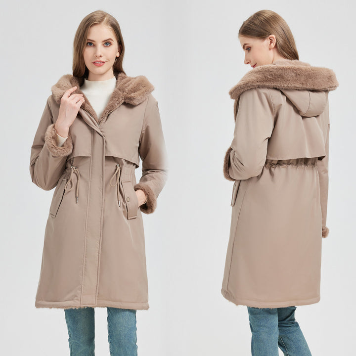 Damen nan langer Parka mit abnehmbarer Kunstfellkapuze und taillenverstellendem Kordelzug Drune