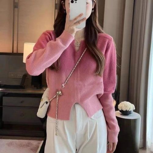 Damen kuscheliger Übergangs-Pullover mit elegantem V-Ausschnitt und Reißverschluss Drune