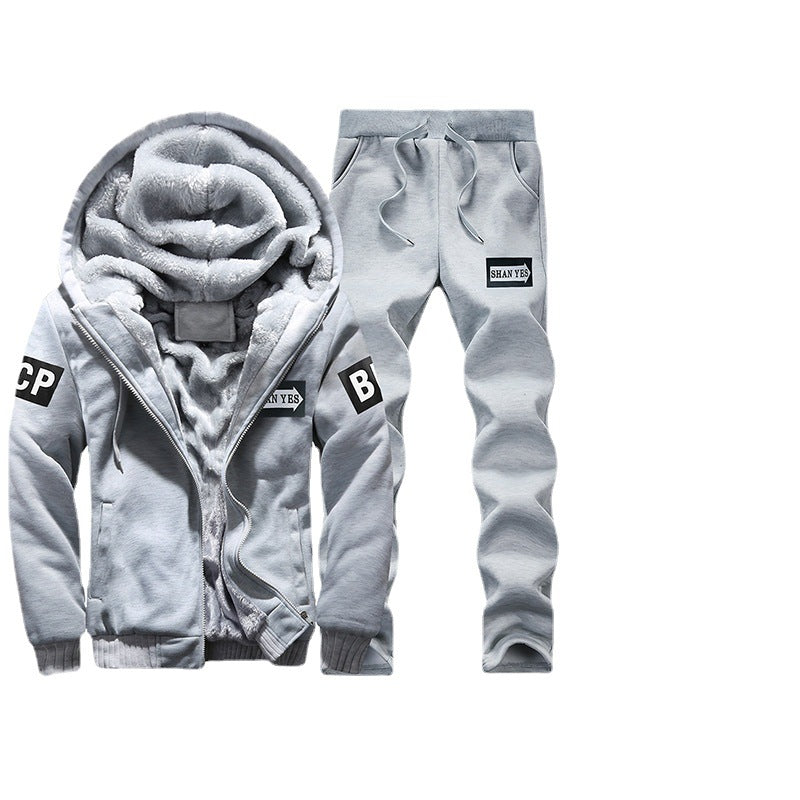 Herren warmes zweiteiliges Trainingsset mit Teddyfutter, Kapuzenjacke und Kordel-Jogginghose Drune