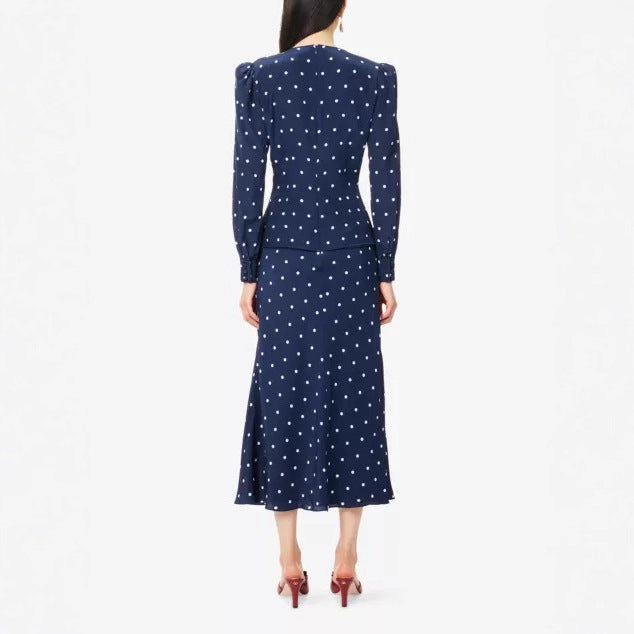 Damen Midikleid mit Punkteprint, tiefem V‑Ausschnitt, Wickelraffung und langen Ärmeln Drune