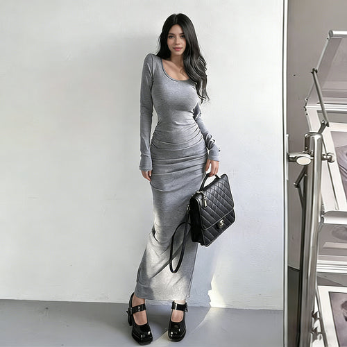 Damen elegantes und figurbetontes Langarmkleid Drune
