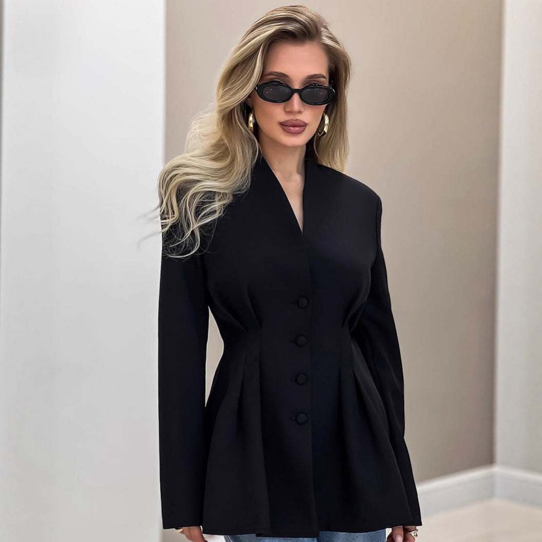 Damen nan figurbetonter Blazer mit Wiener Nähten, bezogenen Knöpfen und taillierter Falten-Silhouette Drune