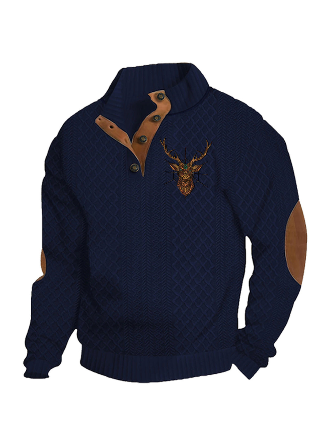 Herren nan Heritage-Strukturpullover mit Stehkragen Lederimitat-Besatz Ellenbogen-Patches und Halbknopfleiste Drune