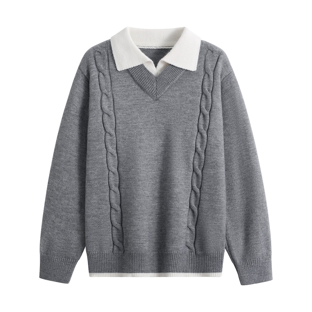 Damen Oversize-Pullover mit V-Ausschnitt, kontrastierendem Polokragen & Zopfstrick-Details Drune