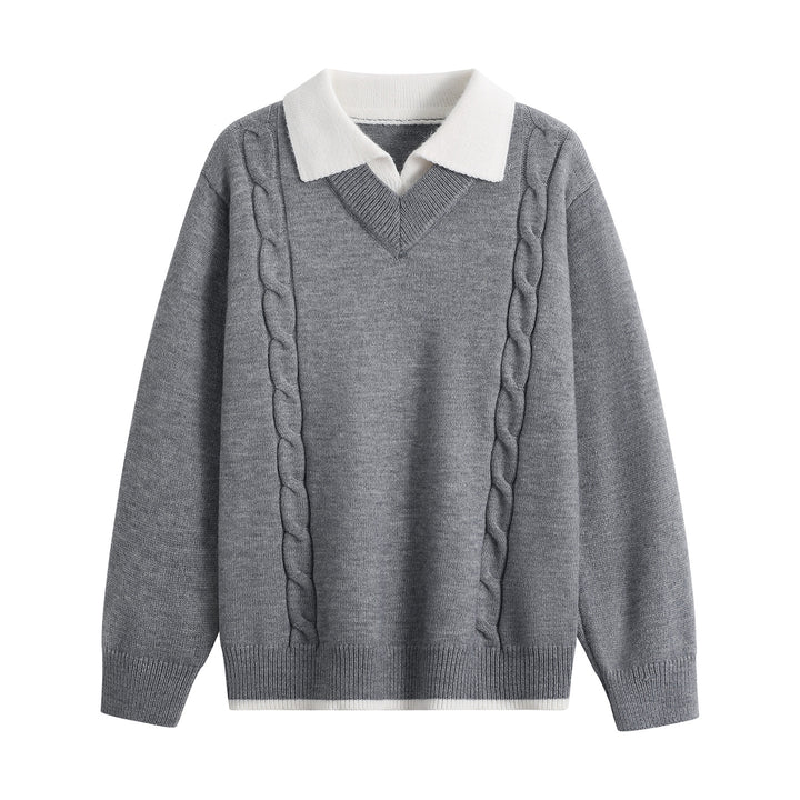 Damen Oversize-Pullover mit V-Ausschnitt, kontrastierendem Polokragen & Zopfstrick-Details Drune