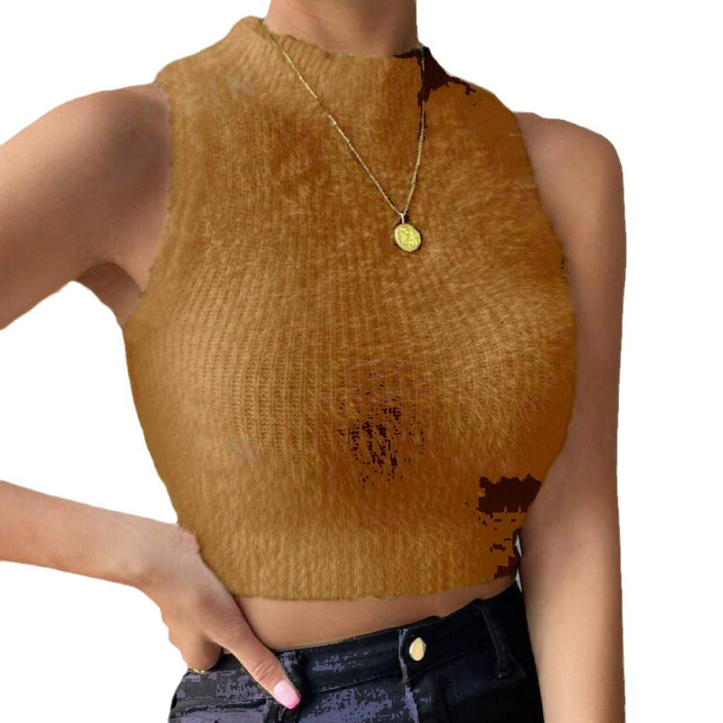 Damen Kurz geschnittenes ärmelloses geripptes Strick-Crop-Top mit Stehkragen Drune