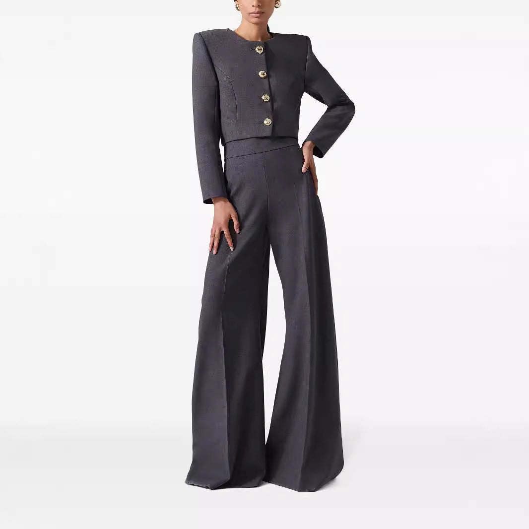 Damen Zweiteiliger Tailoring-Anzug Kurzblazer mit markanter Schulter und hochtaillierter Palazzohose Drune