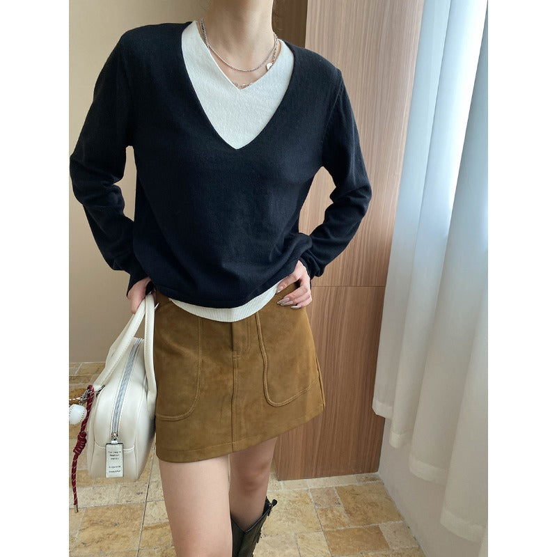 Damen eleganter V-Ausschnitt Pullover mit feiner Rippstruktur und weichem Material Drune