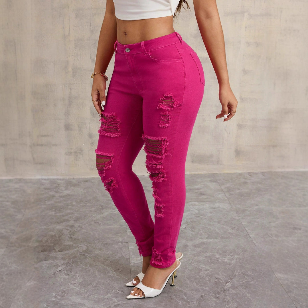 Damen lässige Skinny Jeans mit Destroyed-Details und hohem Bund Drune