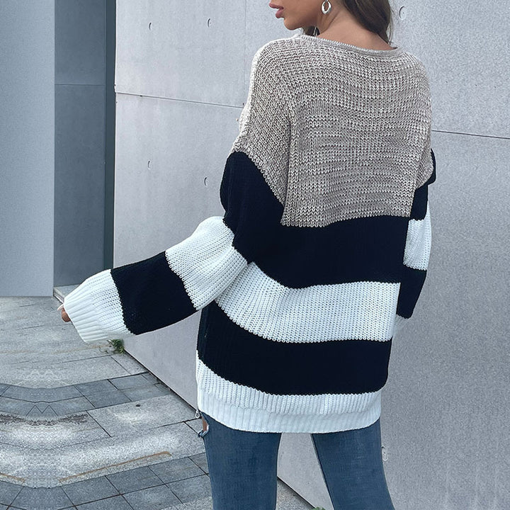 Damen Oversize-Blockstreifen-Pullover aus grobem Strick mit weitem Schnitt Drune