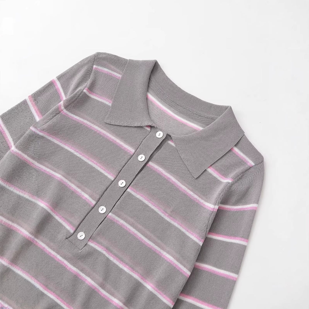 Damen Gestreifter Feinstrick-Polo mit Knopfleiste und Rippbündchen Drune