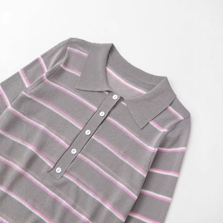 Damen Gestreifter Feinstrick-Polo mit Knopfleiste und Rippbündchen Drune