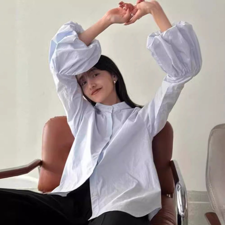 Damen Elegante Bluse mit voluminösen Ärmeln und Stehkragen Drune