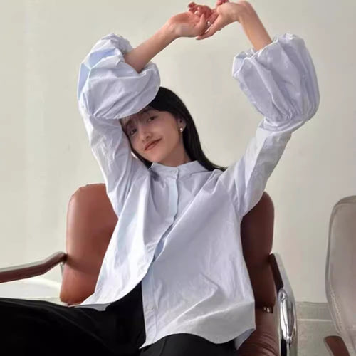 Damen Elegante Bluse mit voluminösen Ärmeln und Stehkragen Drune