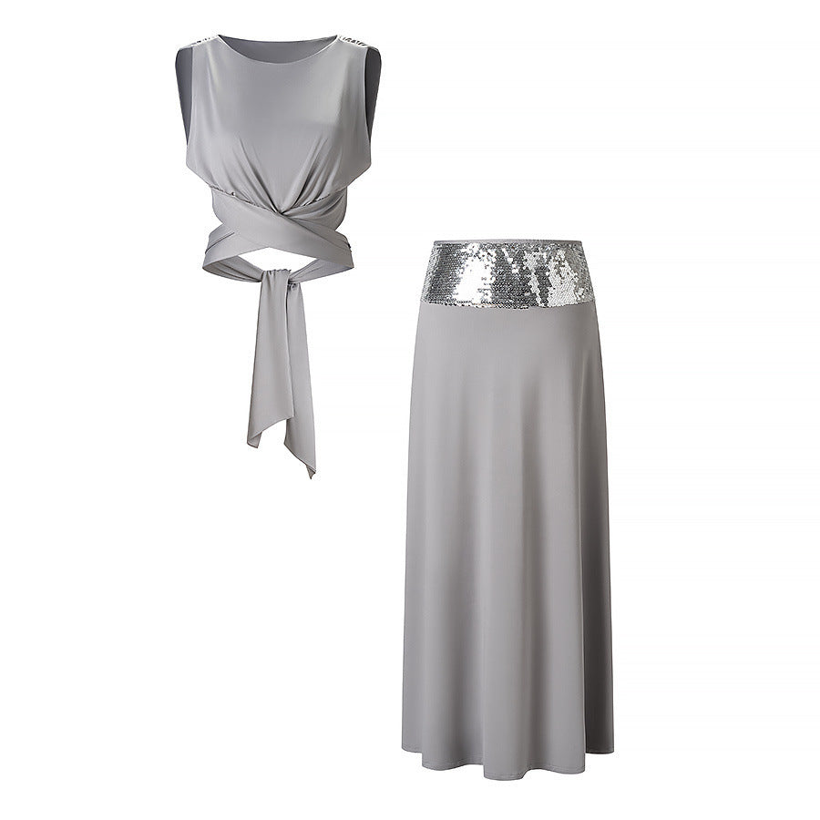 Damen elegantes Wickeloberteil und maxilanger Rock mit Paillettenbund Drune