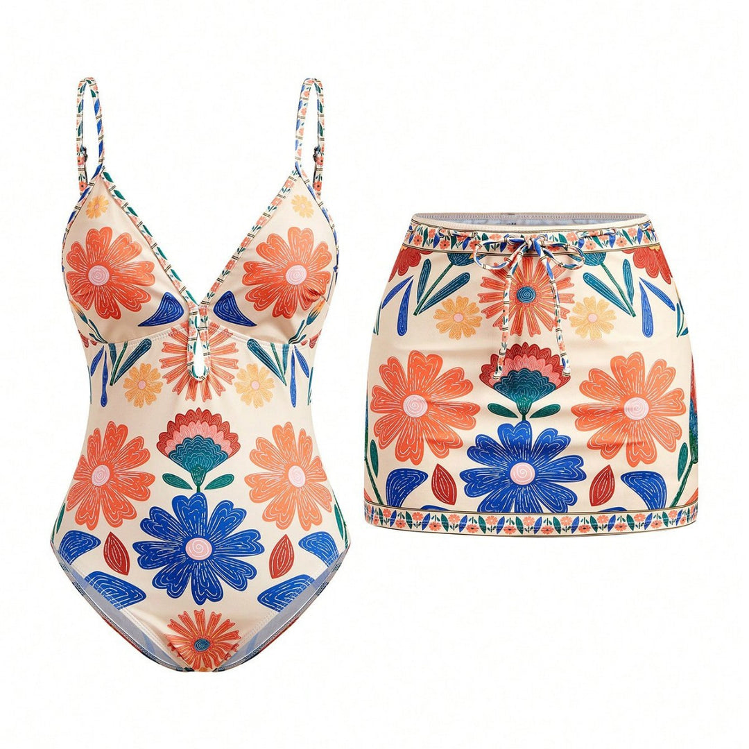 Damen Bikini-Set mit floralem Design und passendem Rock Drune