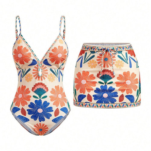 Damen Bikini-Set mit floralem Design und passendem Rock Drune