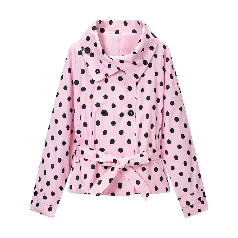 Damen nan kurze gepunktete Regenjacke mit Taillengürtel und doppelreihiger Knopfleiste Drune