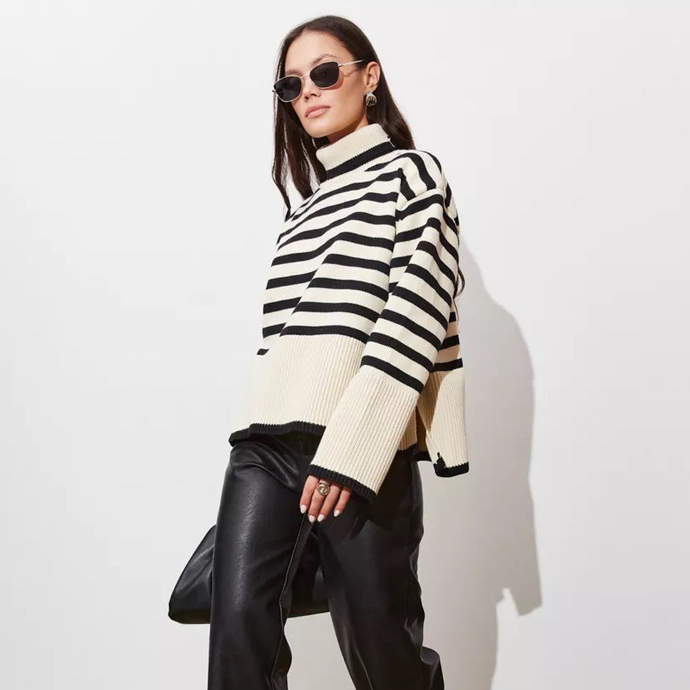 Damen Grob gestrickter Pullover mit hohem Kragen und Breton-Streifen Drune
