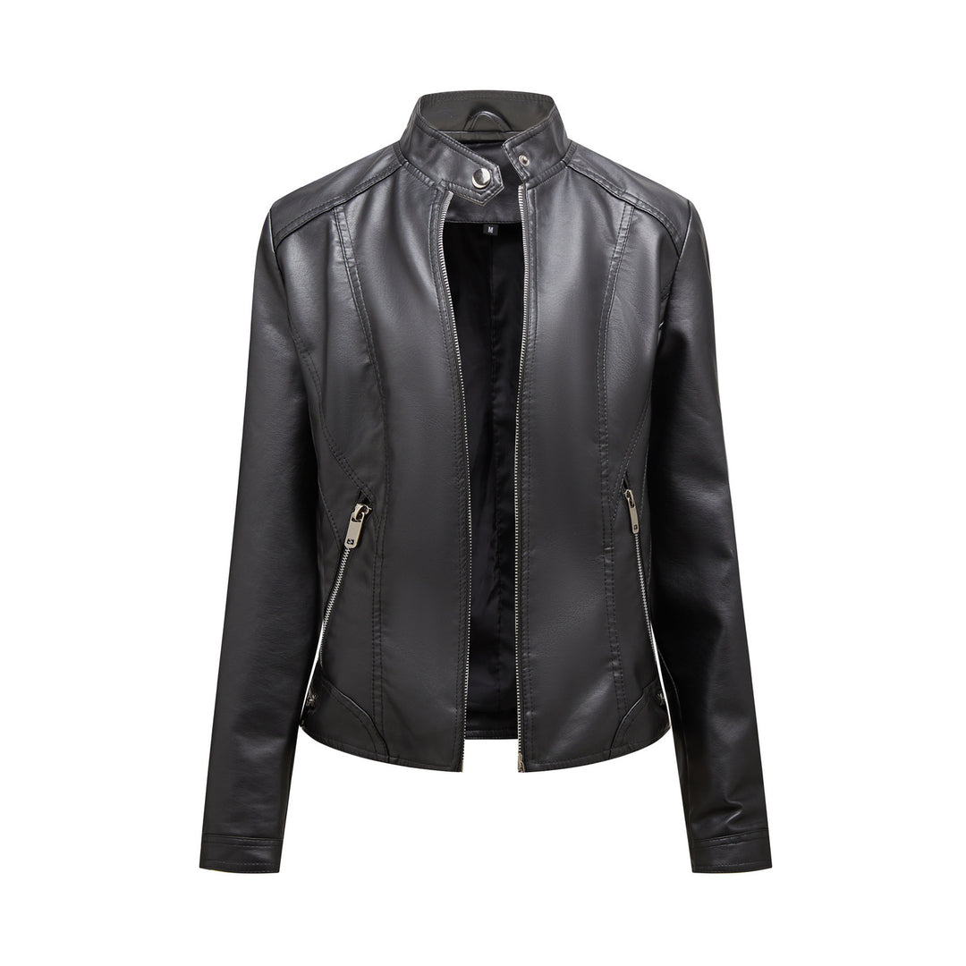 Damen modische Kunstlederjacke mit elegantem Stehkragen und praktischen Reißverschlusstaschen Drune