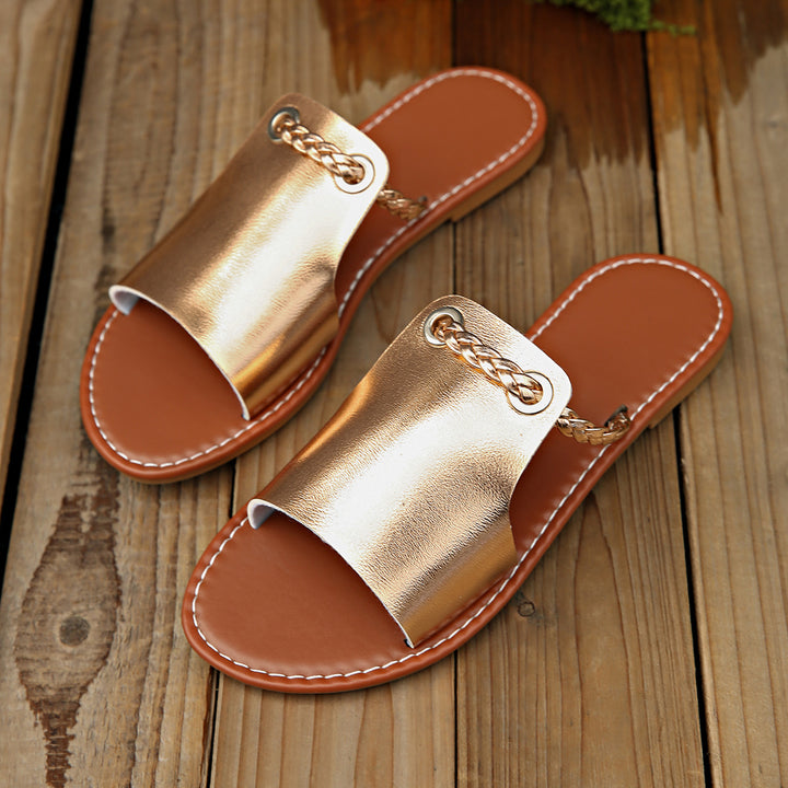 Damen nan elegante flache Pantolette mit breitem Obermaterial und geflochtenem Zehenriemen Drune