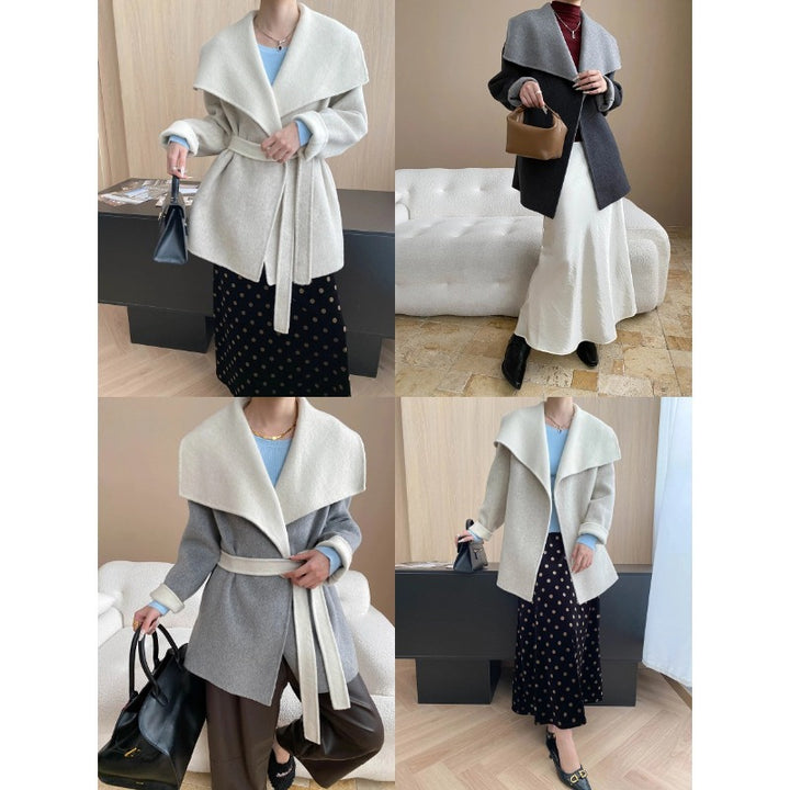 Damen elegante Wolljacke mit breitem Revers und Bindegürtel Drune