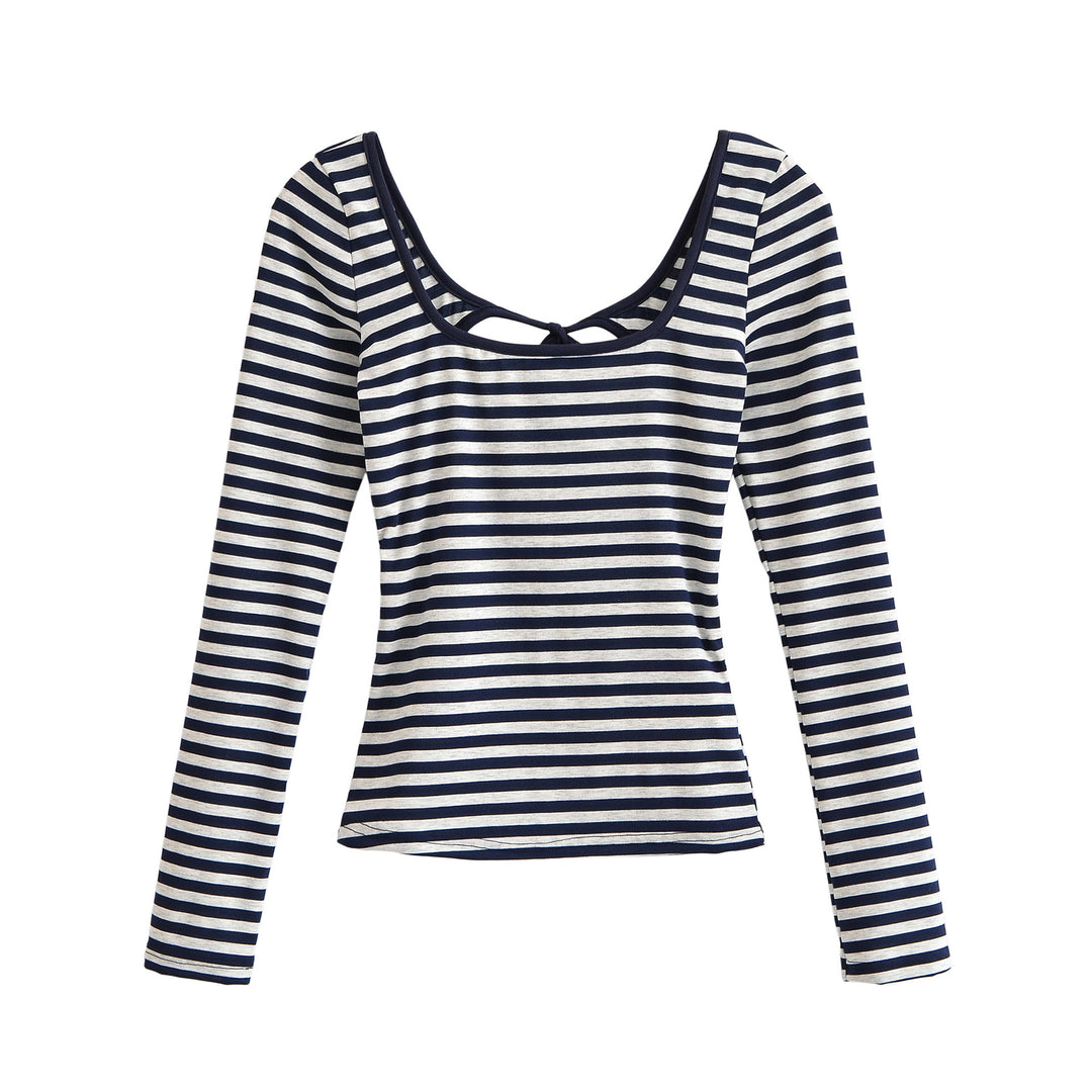 Damen Gestreiftes Langarmshirt mit tiefem Rundhalsausschnitt und Zierschleife Drune