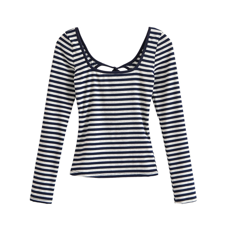 Damen Gestreiftes Langarmshirt mit tiefem Rundhalsausschnitt und Zierschleife Drune