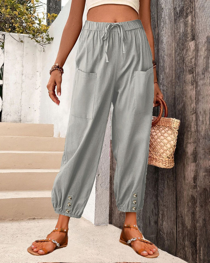 Damen Leinenlook Loungehosen mit hohem elastischem Taillenbund, Kordelzug, aufgesetzten Taschen und geknöpftem Saum Drune
