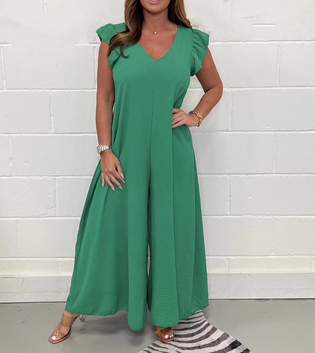 Damen gehobener Jumpsuit mit voluminösen Rüschenärmeln und V-Ausschnitt Drune