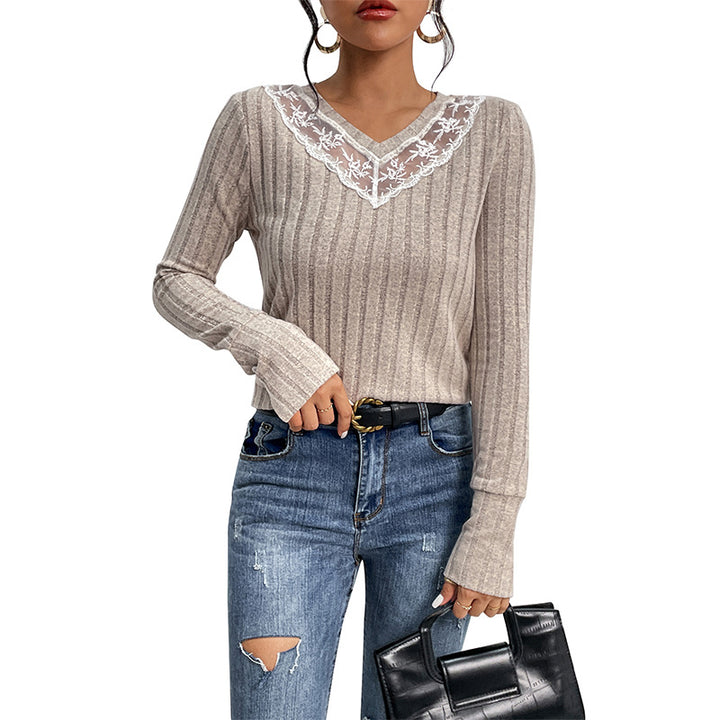 Damen Geripptes Feinstrick-Longsleeve mit V‑Ausschnitt und Spitzenpasse Drune