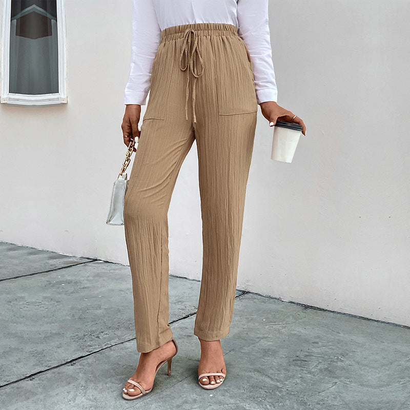 Damen Leichte Crinkle-Hose mit hohem Elastikbund, Tunnelzug und aufgesetzten Taschen Drune