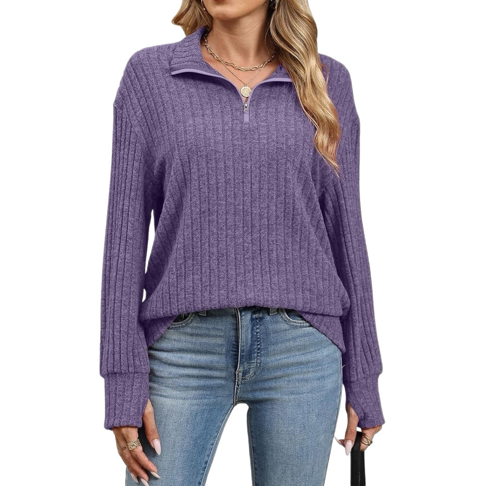 Damen Gerippter Halfzip-Pullover mit Stehkragen und Relaxed-Fit Drune