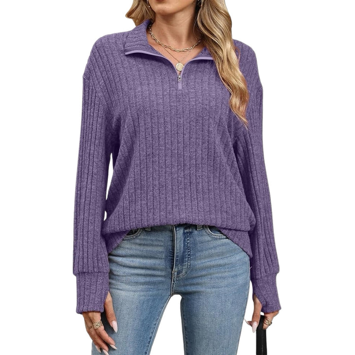 Damen Gerippter Halfzip-Pullover mit Stehkragen und Relaxed-Fit Drune