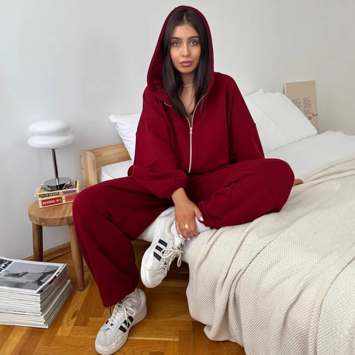 Damen kurzes Kapuzenzipper-Lounge-Set mit oversized Ärmeln und weitem Jogginghose-Schnitt Drune