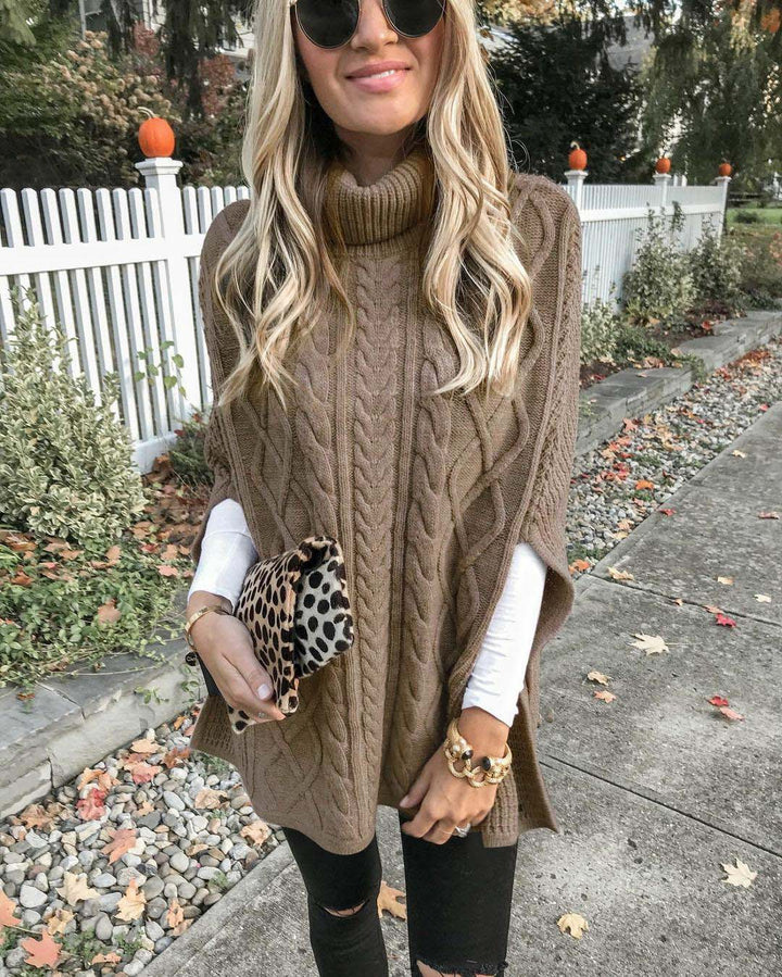 Damen nan kastiger Strickponcho mit hohem Rollkragen, Zopfstruktur und seitlichen Schlitzen Drune