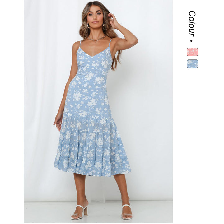 Damen Midi-Kleid mit floralen Rüschen und schwingendem Rock Drune