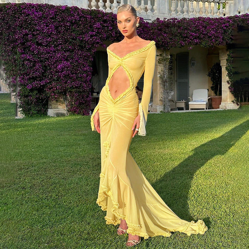 Damen Transparente Maxikleid mit eleganten Rüschendetails und figurbetontem Design Drune