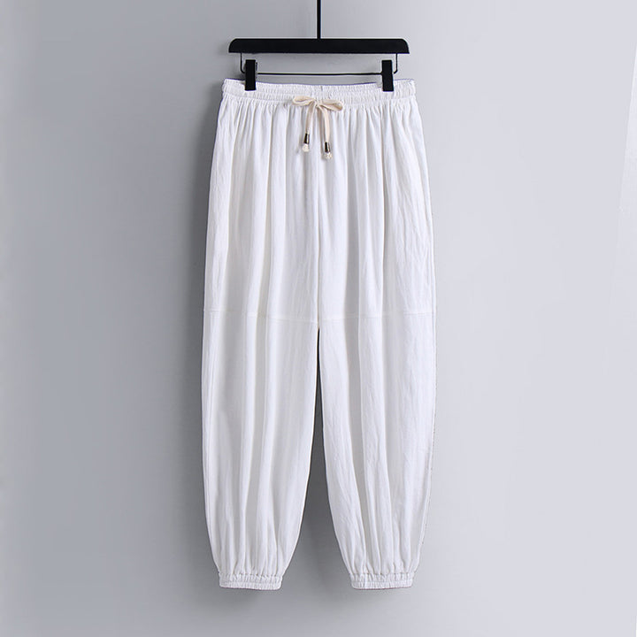 Damen weite Baumwoll-Leinen-Freizeithose mit Kordelzug und elastischen Knöchelbündchen Drune