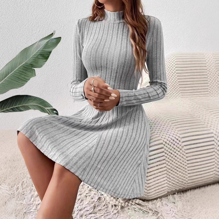 Damen Geripptes Strickkleid mit Stehkragen, taillierter A‑Linie und langen Ärmeln Drune
