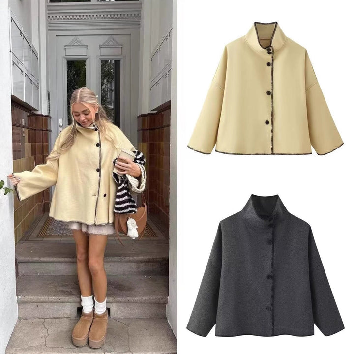 Damen Kurzer kastiger Mantel‑Cape mit Stehkragen und Kontrast‑Ziernaht Drune