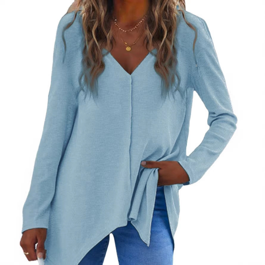 Damen V-Ausschnitt Feinstrick-Tunika mit asymmetrischem Saum und seitlichem Schlitz Drune