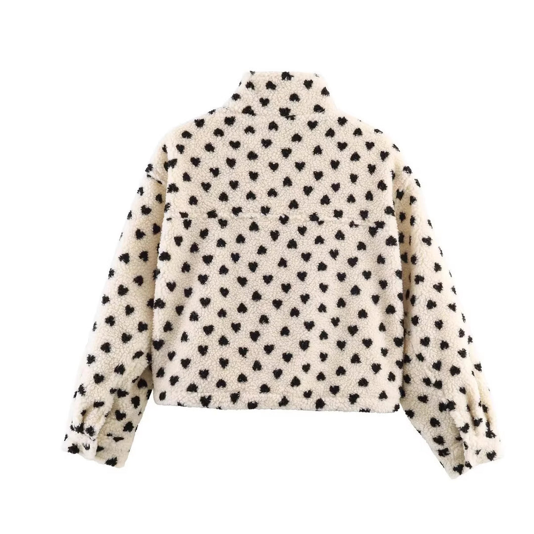 Damen Gefütterte Teddyjacke mit Herzchen-Allover, Stehkragen und Tunnelzug Drune