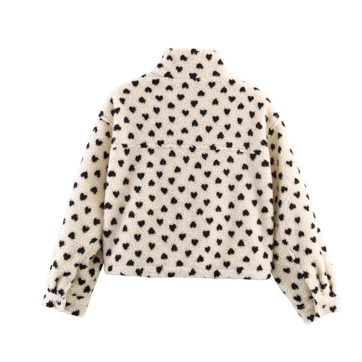 Damen Gefütterte Teddyjacke mit Herzchen-Allover, Stehkragen und Tunnelzug Drune