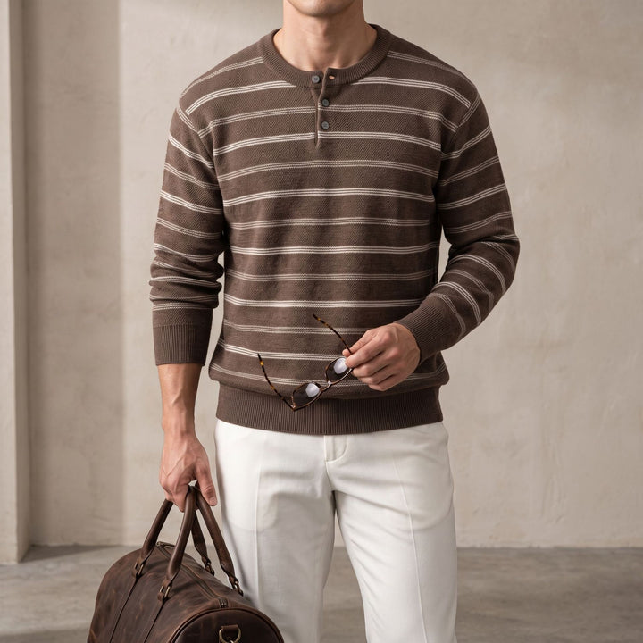 Herren Henley‑Strickpullover mit feiner Struktur und horizontalen Streifen Drune