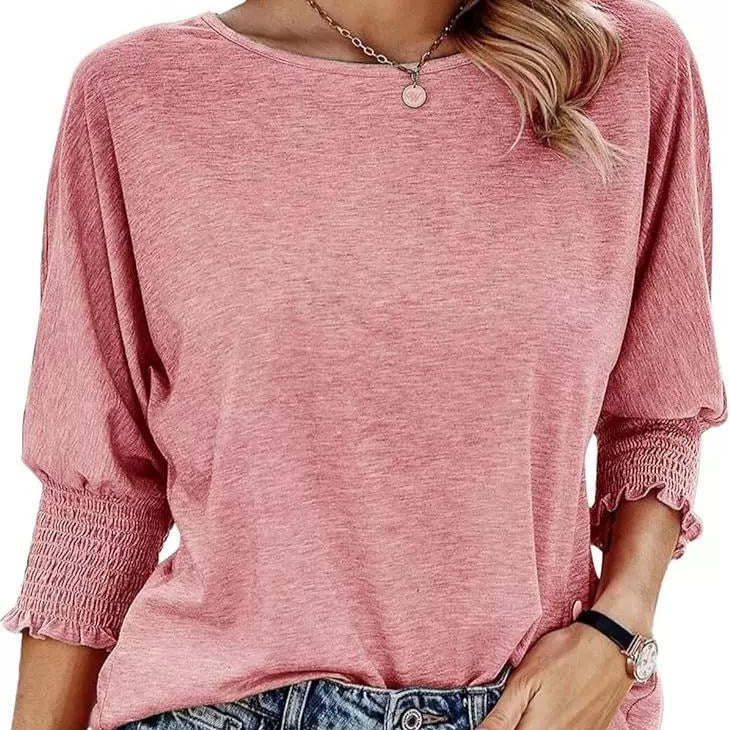 Damen lässiges T-Shirt mit voluminösen Puffärmeln und elastischem Bund Drune
