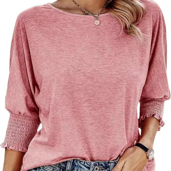 Damen lässiges T-Shirt mit voluminösen Puffärmeln und elastischem Bund Drune