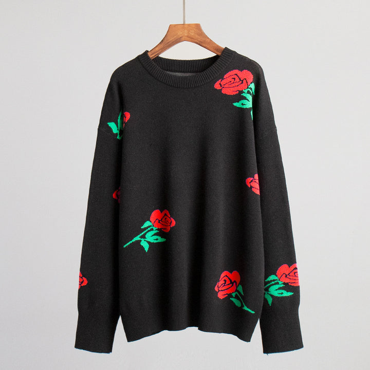 Damen Gemusterter Strickpullover mit floralem Design und lockerer Passform Drune