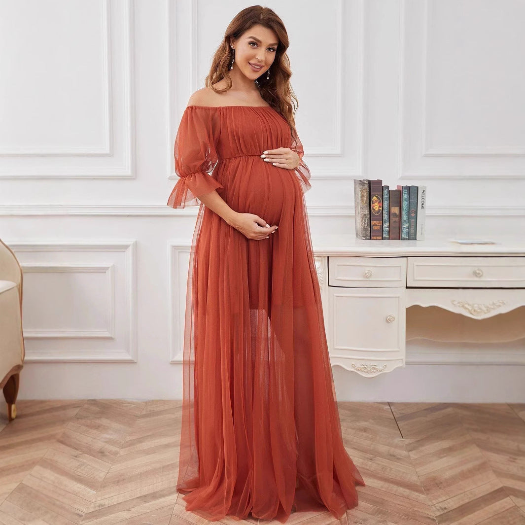 Damen Elegantes Umstandskleid mit schulterfreiem Design und luftigem Tüll Drune