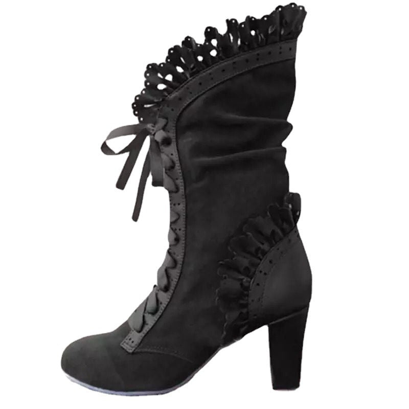 Damen Schnür‑Stiefelette mit Rüschenbesatz und mittelhohem Blockabsatz Drune
